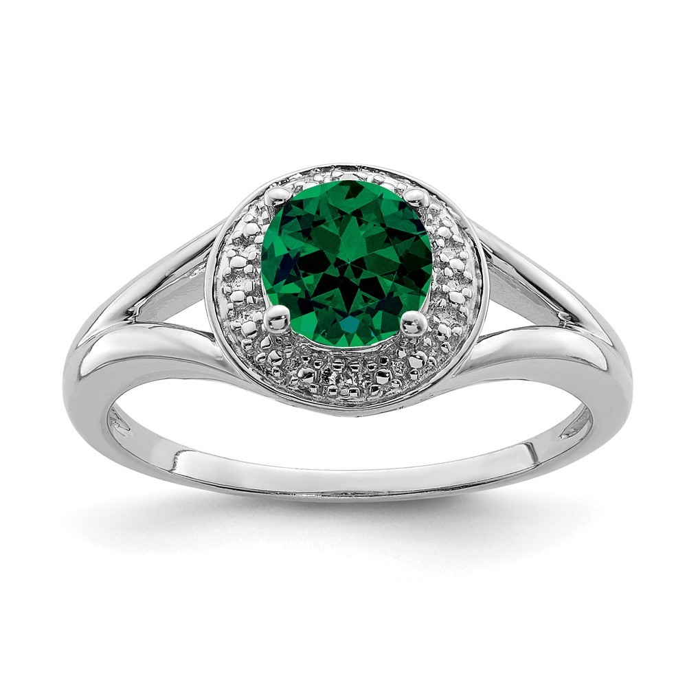 925 Sterling Silver Rhodium-Plated Diamond & Created Green Emerald Ring, Size 7